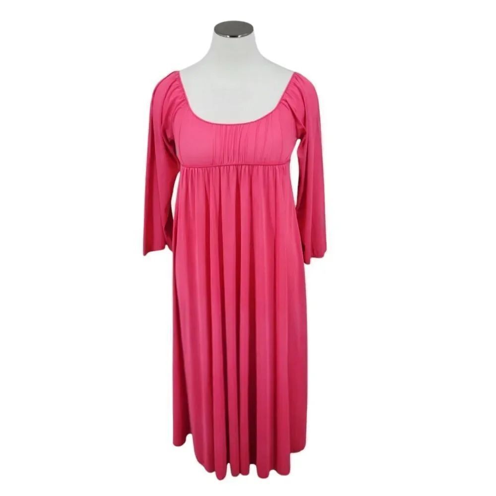 Vintage Nylon Empire Waist Tie Back Nightgown Pink Long Sleeves Women's Plus Sz